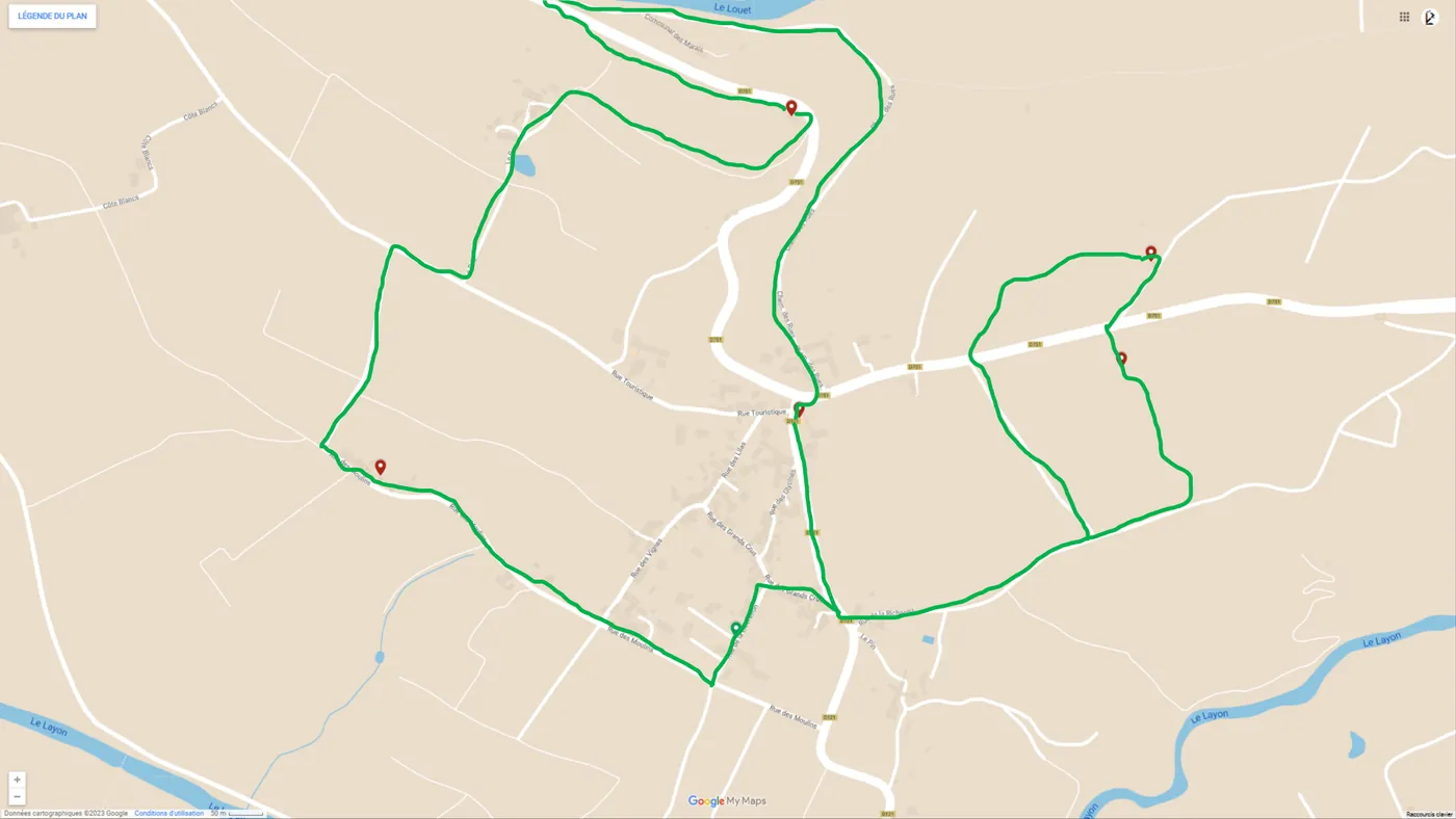 Carte du parcours : boucle de randonnée, sentier entre vignes et mines