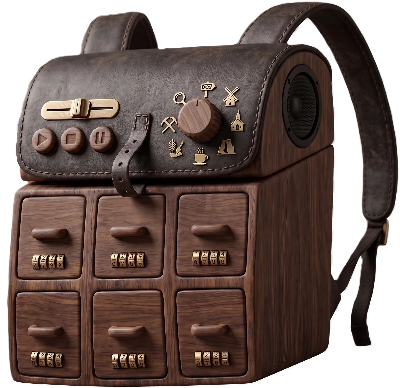 Sac à dos steampunk de l’enquête : panneau audio, sélecteur, tiroirs à codes et haut-parleur