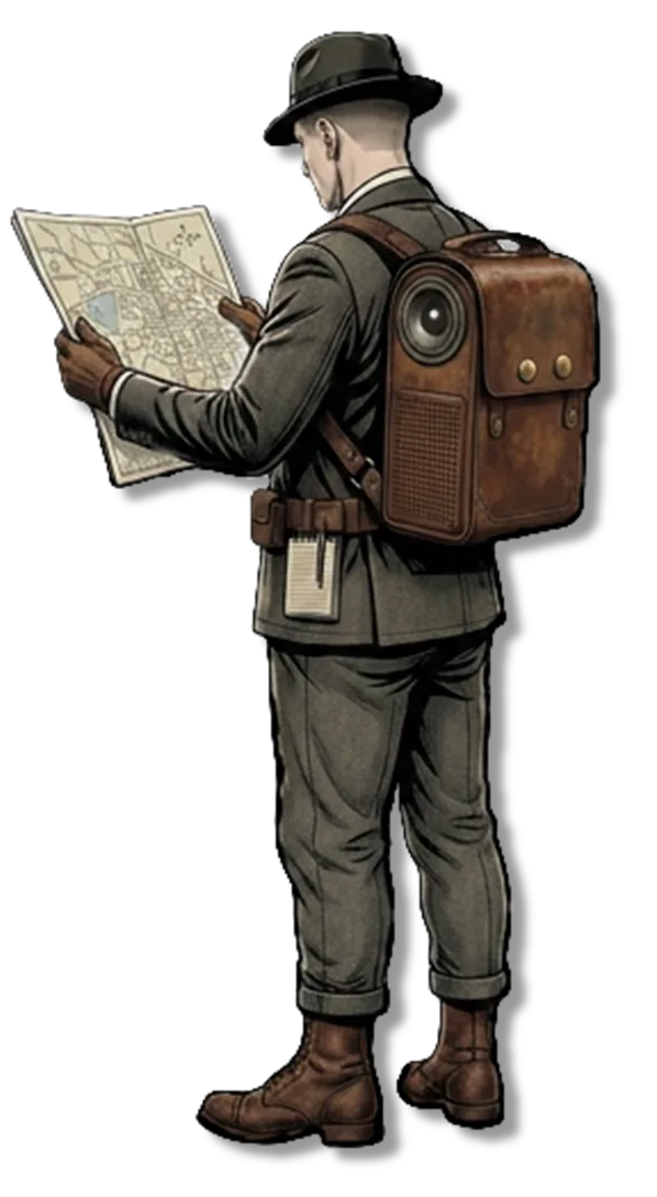 Enquêteur en costume d'époque, carte à la main et sac à dos